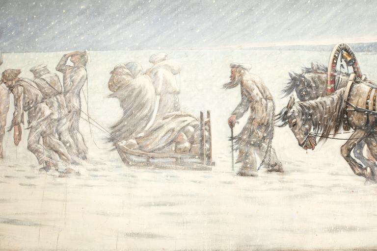 Okänd konstnär 1900-tal ,  Fångar på marsch i vinterlandskap.