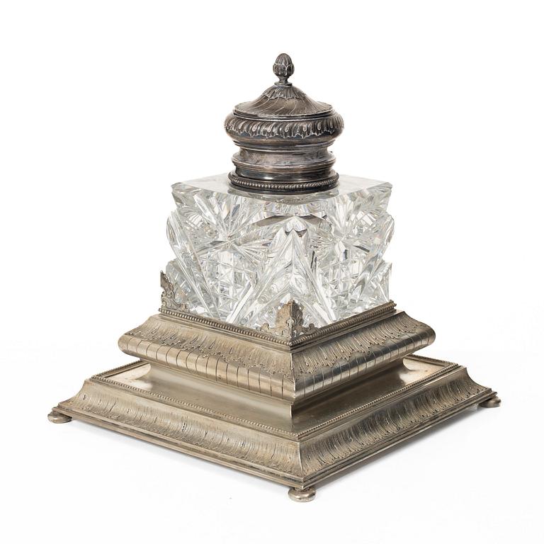 A Russian inkwell, silver and glass, Morozov, St. Petersburg, Russia, turn of the 20th century.