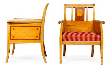 521. A pair of Ragnar Östberg birch armchairs with inlays, designed for Villa Mullberget, Sweden ca 1907.