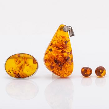 Amber set in silver, pendant, ring and earrings.