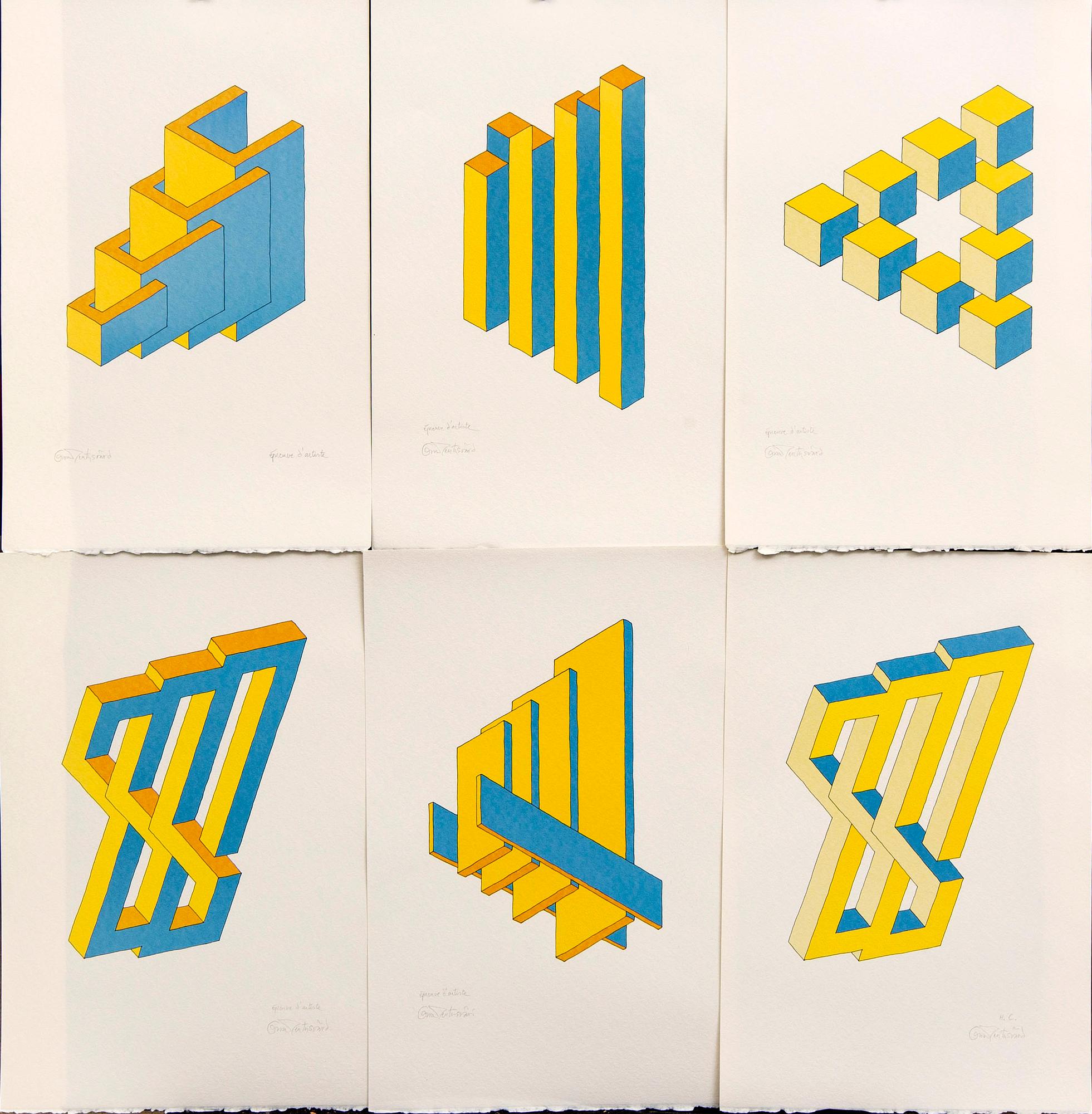 Oscar Reutersvärd, six color lithographs, signed épreuve d'artiste.