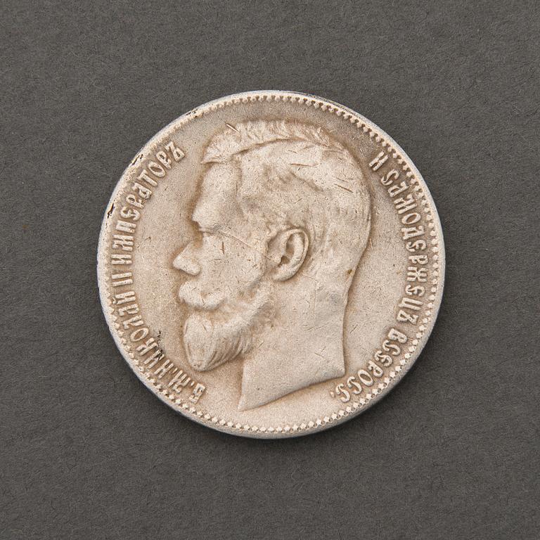 KOLIKKO, 1 RUPLA, hopeaa, Venäjä, Nikolai II, 1904.