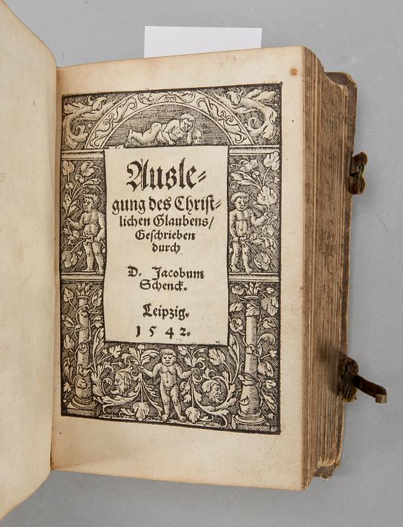 BÖCKER, 4 st sambundna i en vol, bla "Vermanung zum Sacrament.." av Martin Luther, Leipzig 1542.