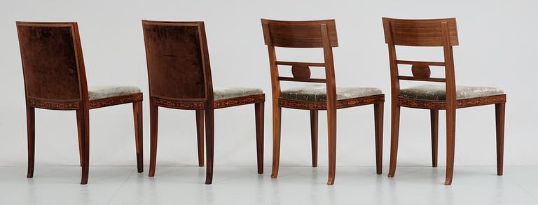 Two + two Swedish wooden chairs with stylized inlays,