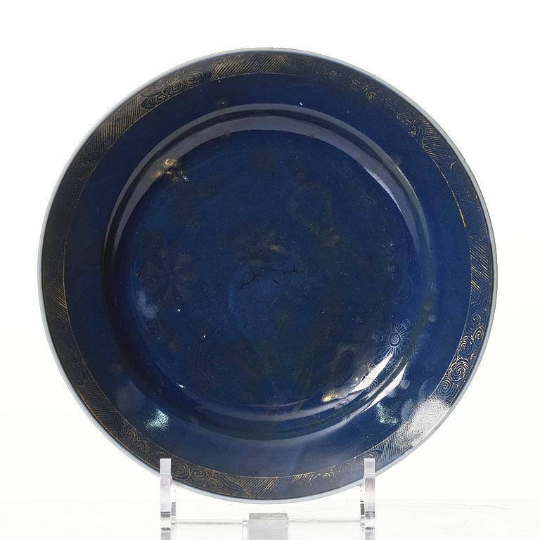 A powder blue basin and three plates, Qing dynasty, Qianlong (1736-95).