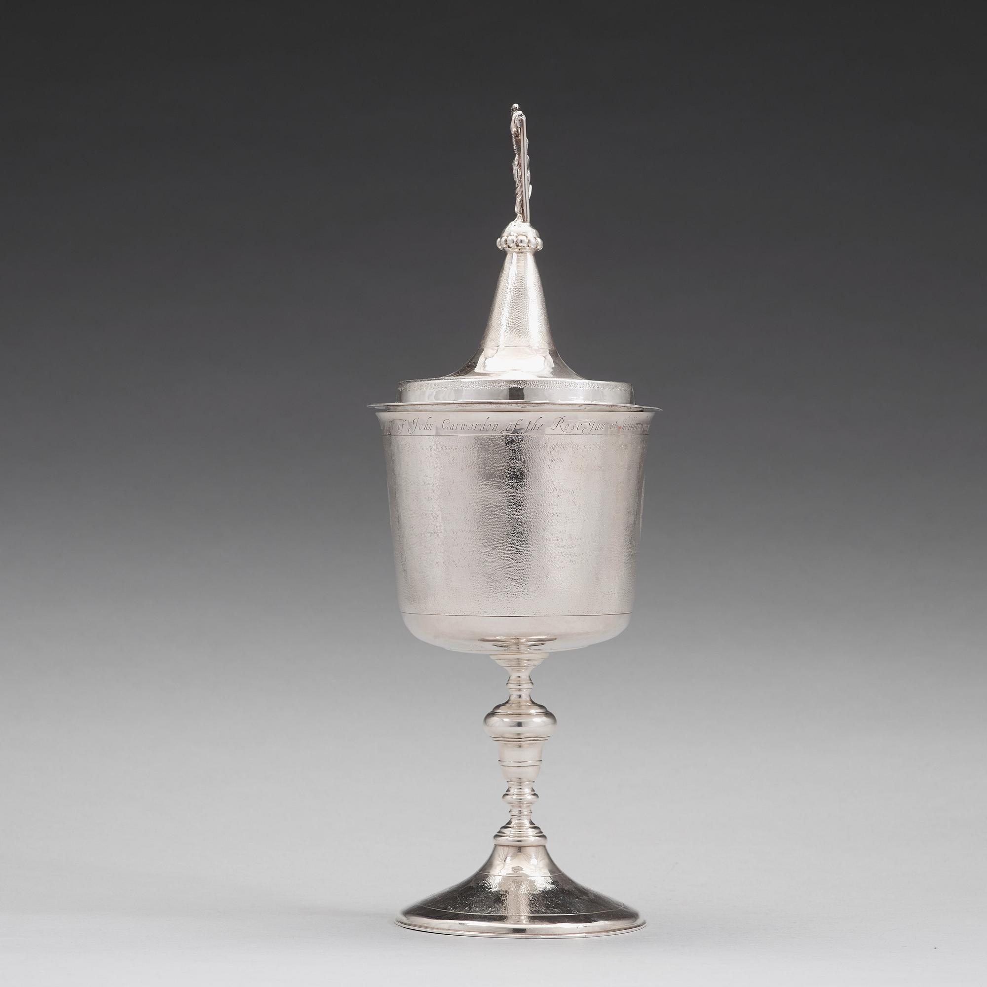 An English 17th century silver cup and cover, makers mark IM, London 1685.
