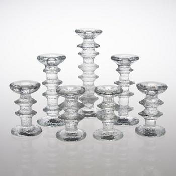 TIMO SARPANEVA, SEVEN FESTIVO GLASS CANDLESTICKS, Iittala, partly signed TS.