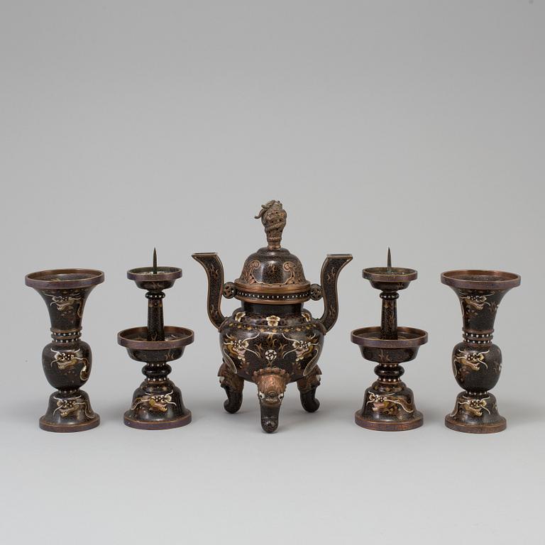 A set of five chinese altar garnitures, cloisonné, 20th century.