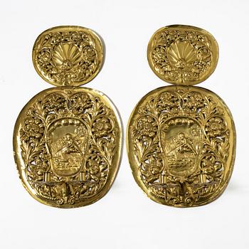 A pair of  Swedish Baroque style brass light plates, Johan F Hellström, Nyköping around the year 1900.