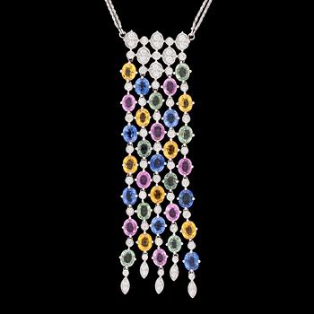 1289. A multi coloured sapphire and diamond necklace, tot. 14.62 cts/ tot. 0.95 cts.
