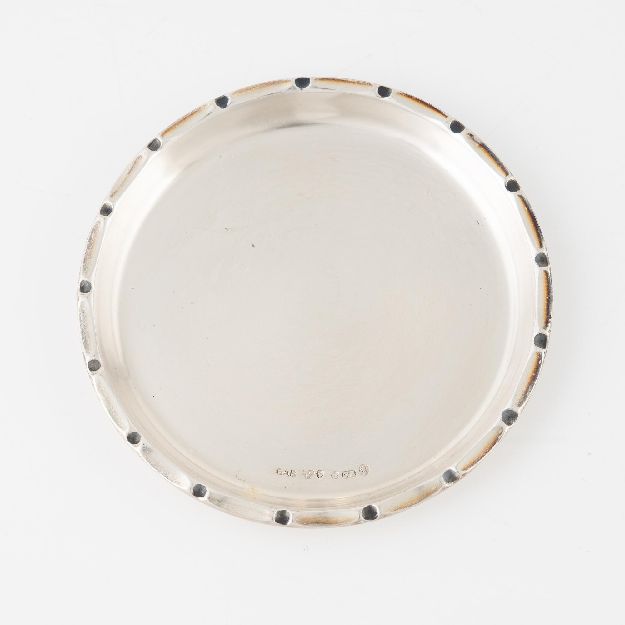 Bägare, Sigurd Persson, samt glasunderlägg, 12 st, GAB, silver, 1940-50-tal.