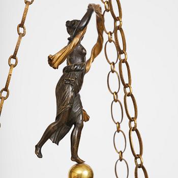 A patinated and ormolu six-light Empire chandelier, Stockholm, first part 19th century.