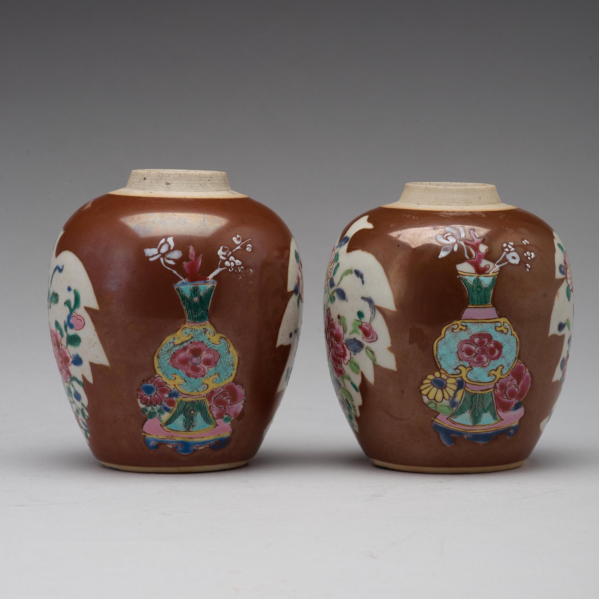 A pair of famille rose and cappuciner brown jars, Qing dynasty, Qianlong (1736-95).