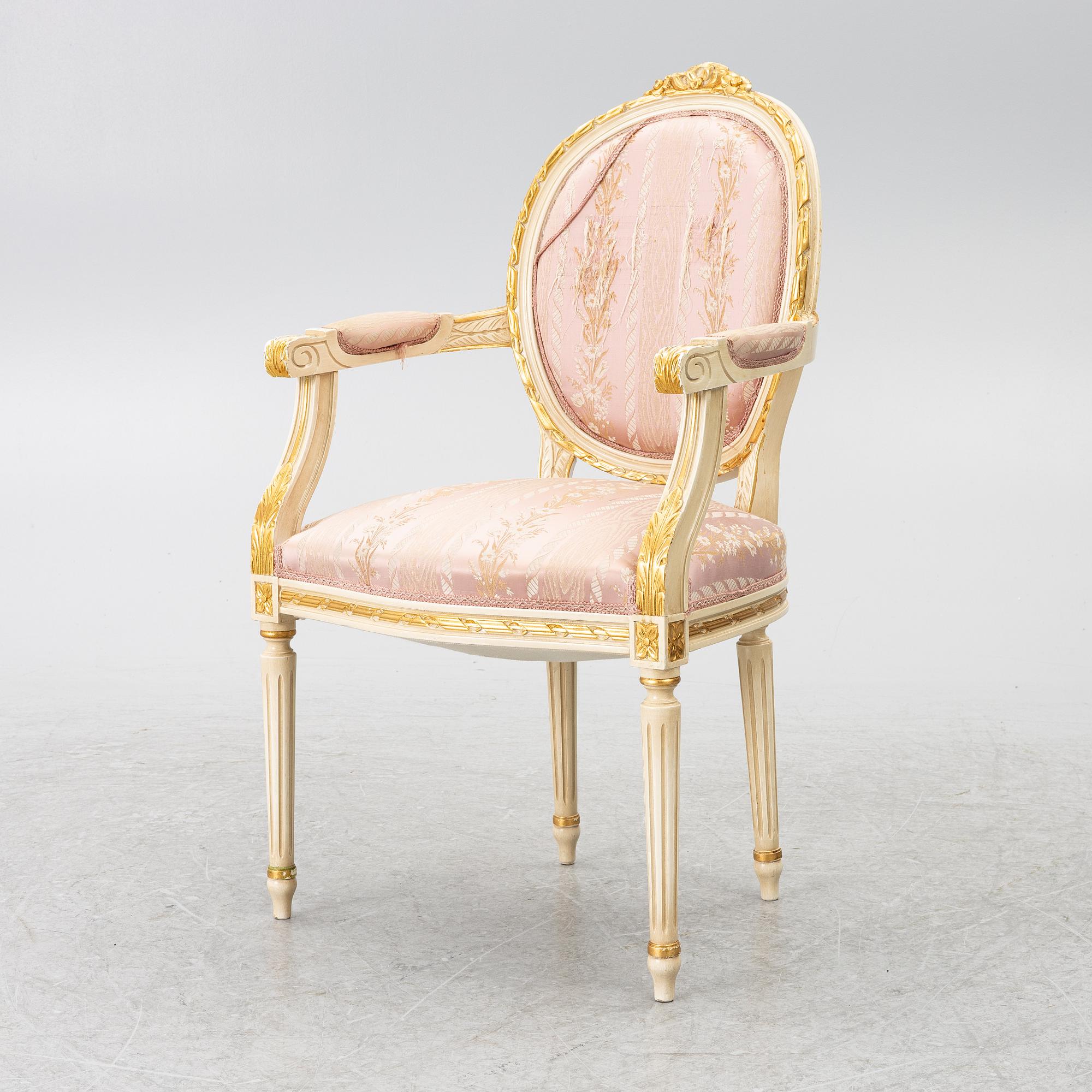 Dining table and armchair, Louis XVI style. Italy, second half of the 20th century.