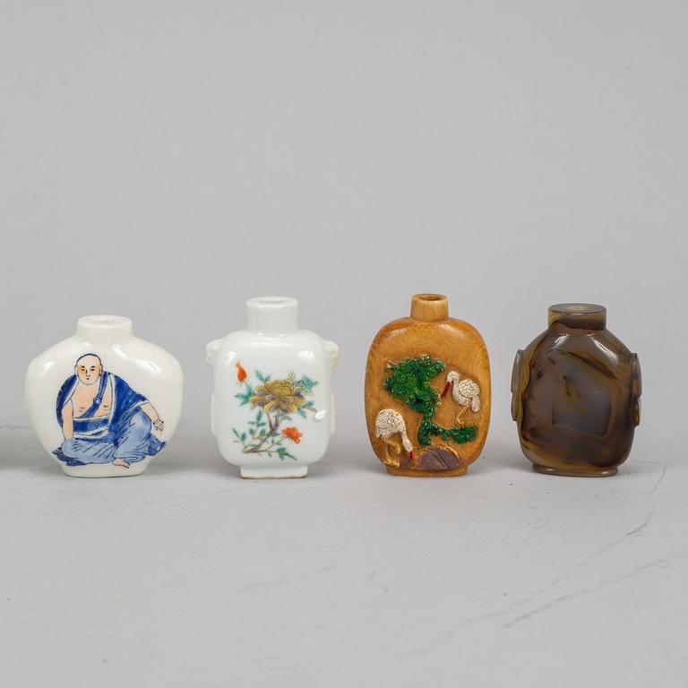 A group of seven stone, ceramic and porcelain snuff bottles, Qing dynasty and China, 19th-20th century.
