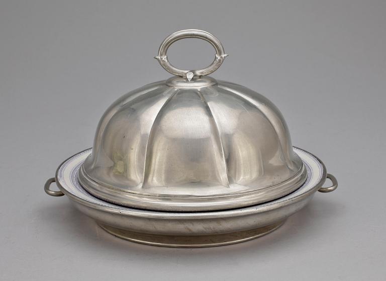 VÄRMEFAT med LOCK, tenn samt keramik, Broadhead & co Sheffield England, sent 1800-tal.