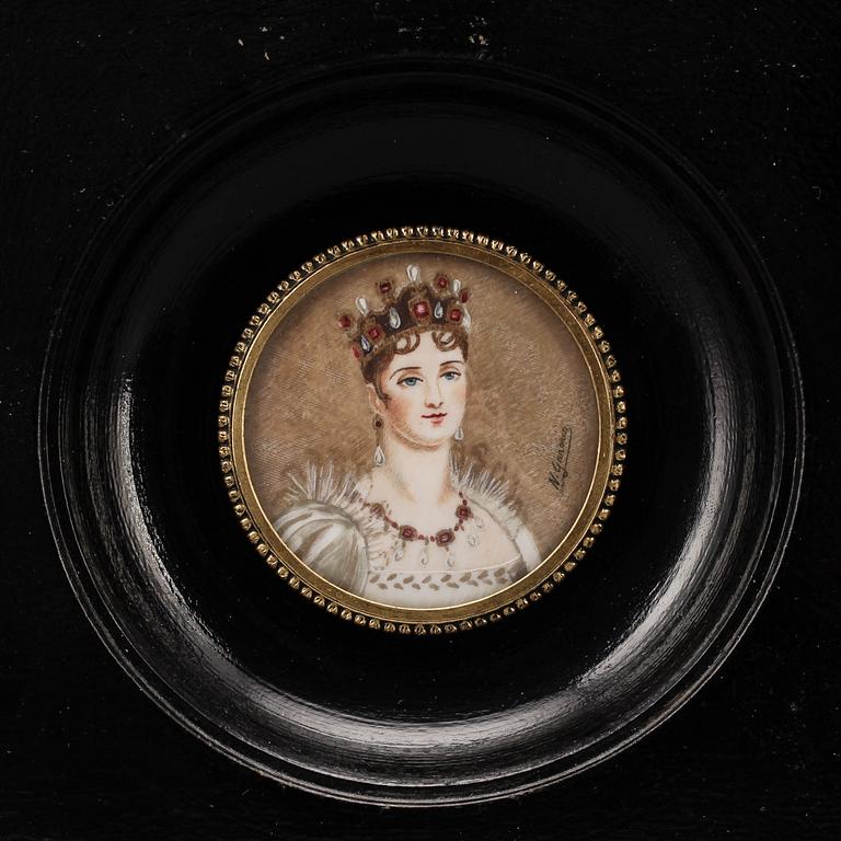 MINIATYRER, 3 st, gouacher, en med otydlig signering, 1800-tal.