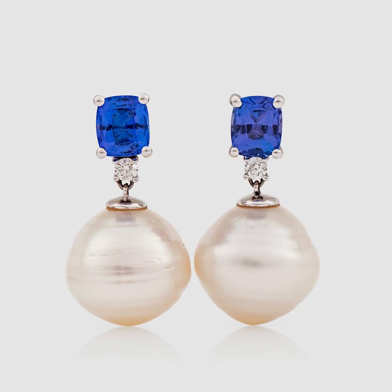 A pair of cultivated pearl, tanzanite, circa 4 cts in total, and brilliant-cut earrings.
