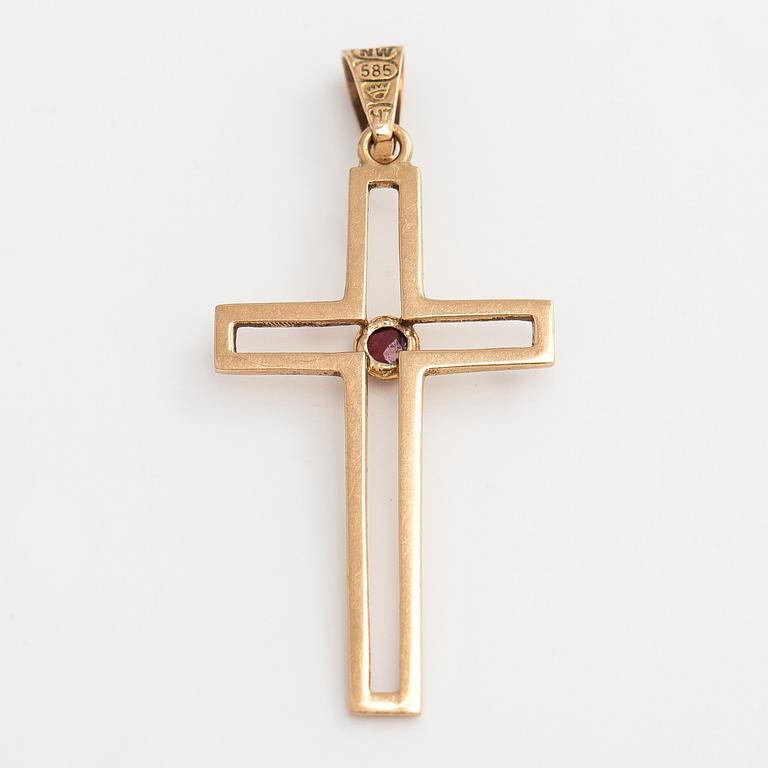Pendant / cross, cabochon cut garnet, 14K gold, Westerback, Helsinki 1961.