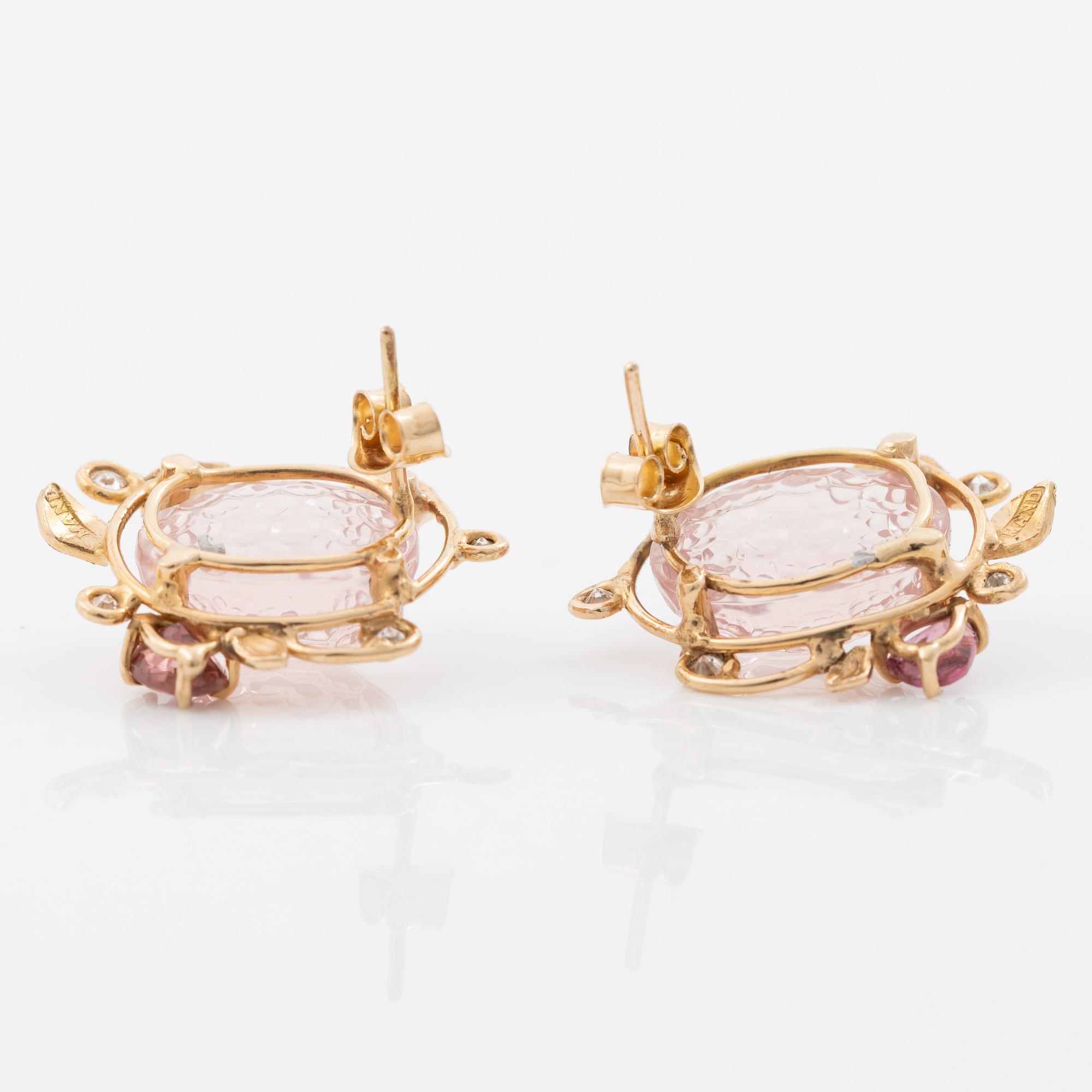 Earrings, Mandelstam, 18K gold with carved rose quartz, tourmalines and brilliant-cut diamonds.