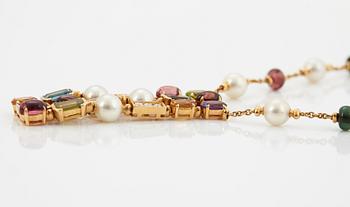 A Bulgari necklace "Allegra" in 18K gold set with coloured stones, cultured pearls and diamonds.