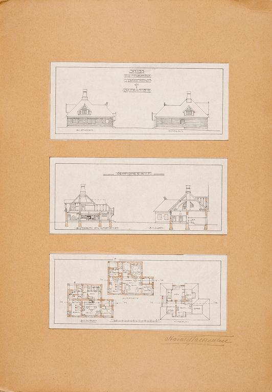 HARALD FALKMAN, ARKITEKTURRITNINGAR, ca 20 st samt, AKADEMITECKNINGAR, 4 ST, sign, dat tidigt 1900-tal.