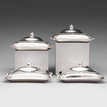 A set of four English 18th century silver dishes and cover, mark of IW and Thomas Heming, London 1777.