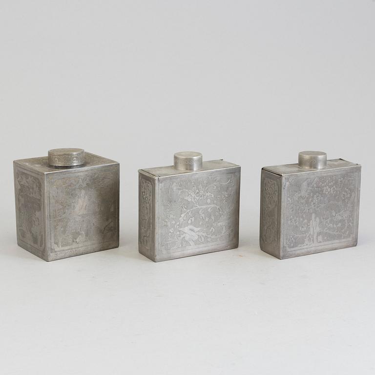 Three Chinese teacaddies in tin, Qing dynasty, 19th century.