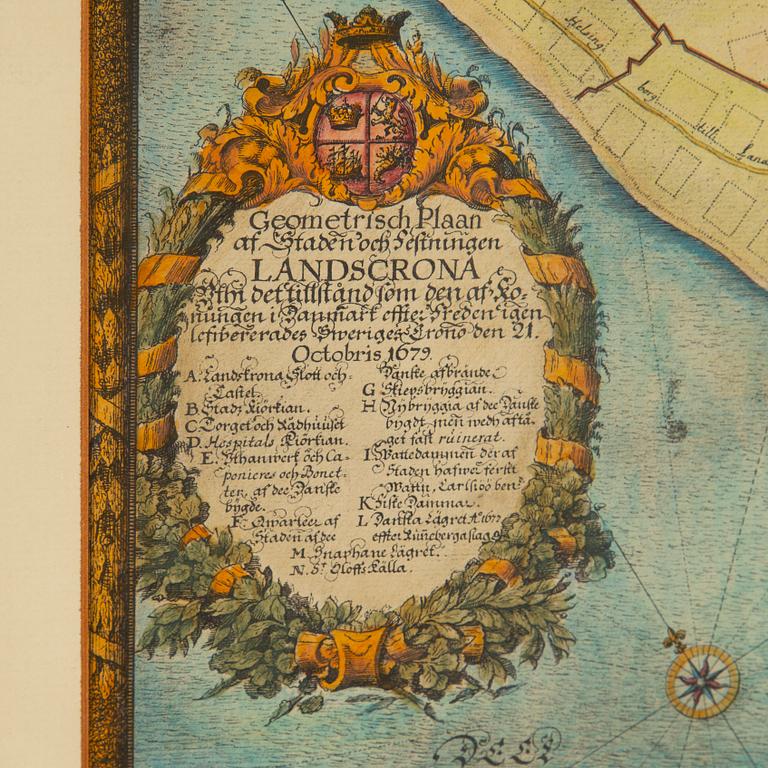 Erik Dahlbergh, after, coloured engravings, maps over Helsingborg and Landskrona, daterad 1679. Printed 1922.
