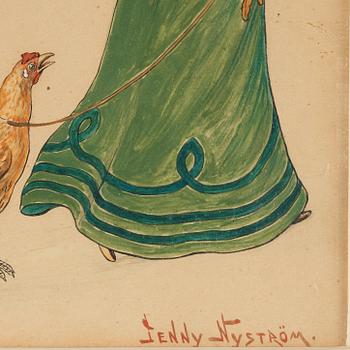 Jenny Nyström, Easter scene with elegant lady in green dress.