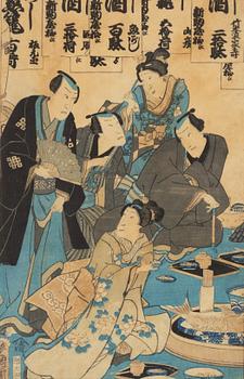 Three woodblock prints, including Utagawa Kunisada II and Toyoharu Kunichika, Japan.