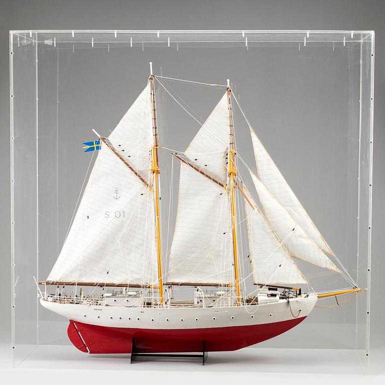 A painted wood ships model of Swedish navy ship 'Falken'.