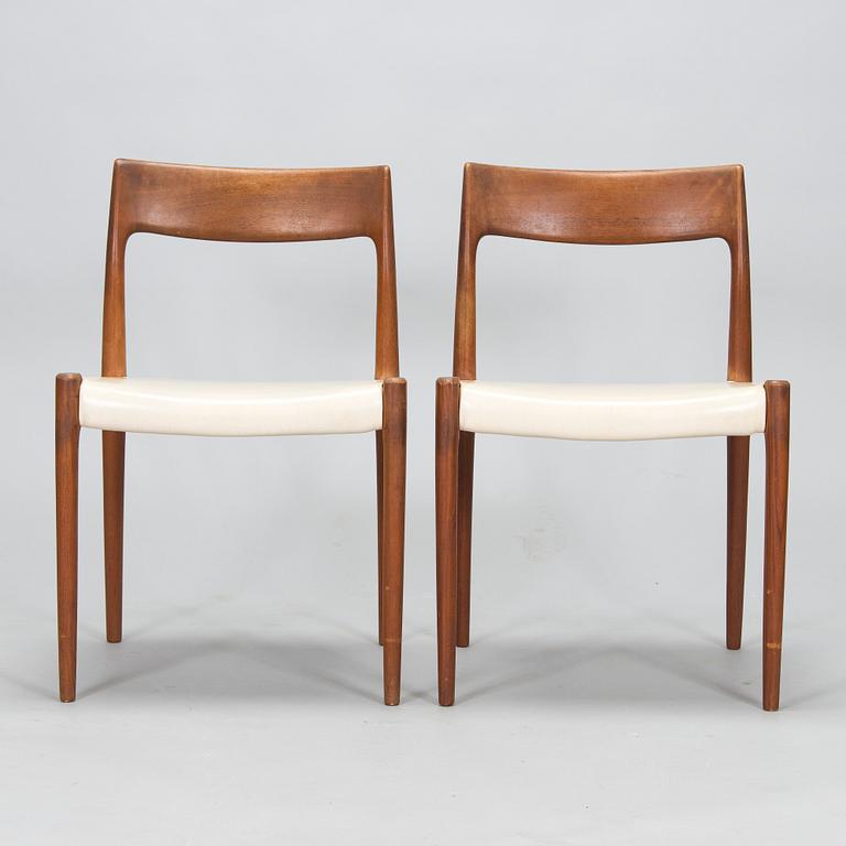 Niels Otto Møller, six model 77 taek chairs, J.L. Møllers Møbelfabrik, Denmark, 1960's.