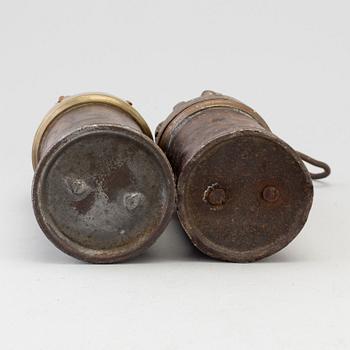 TWO 19TH CENTURY IRON AND BRONZE MINE LANTERNS.