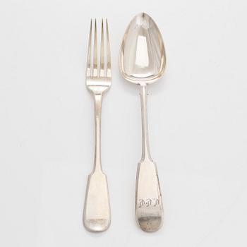 A set of 12 silver spoons and 12 silver forks, Johan Edvard Fagerroos and Hjalmar F, Helsinki 1868 and 1916.