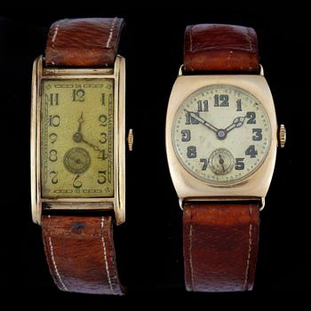 ARMBANDSUR, 2 st, herr, 14k samt gulddoublé, 1940-tal.