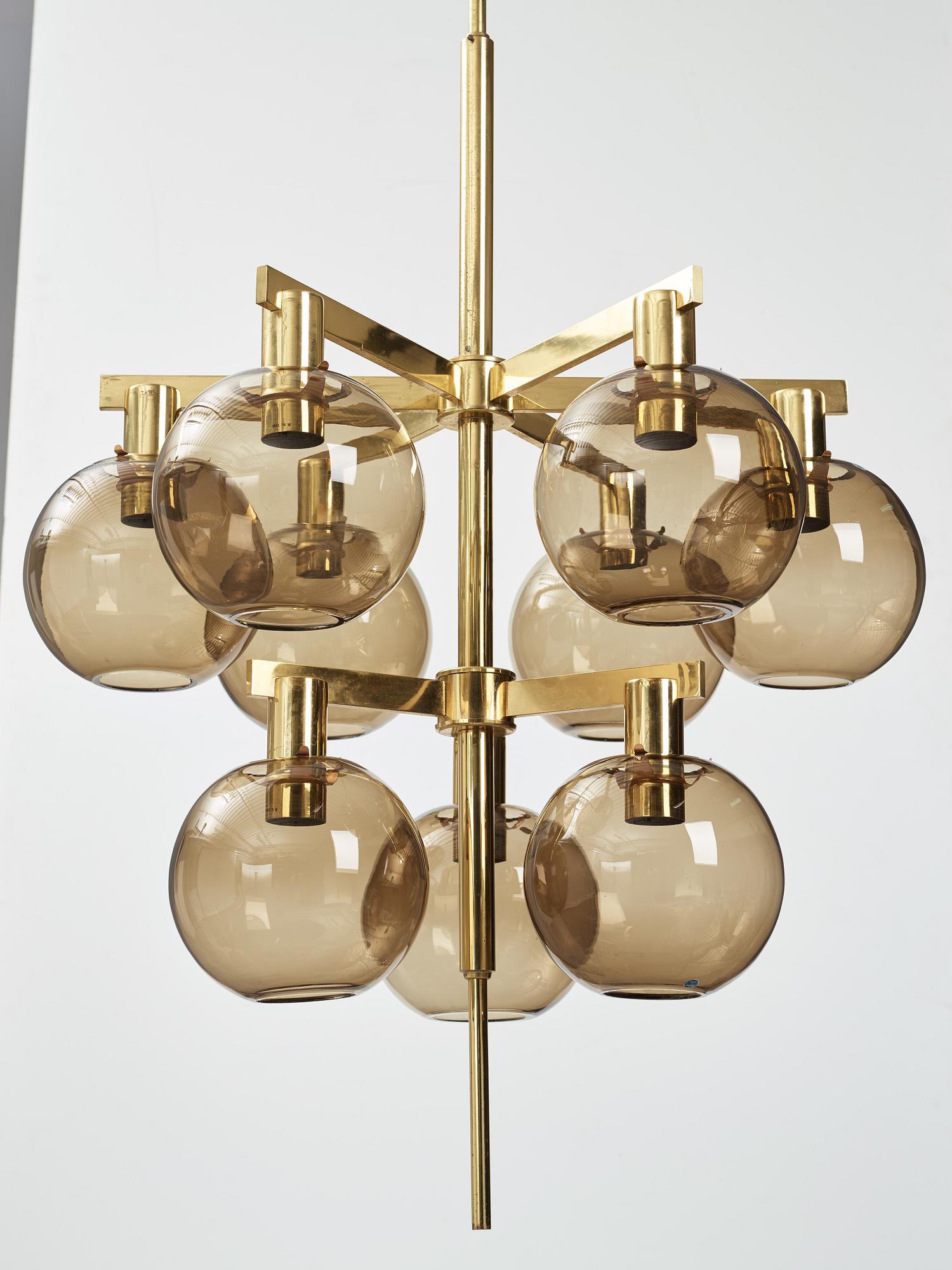 HANS-AGNE JAKOBSSON, a brass and glass nine-light ceiling light from Markaryd, second half of the 20th century.