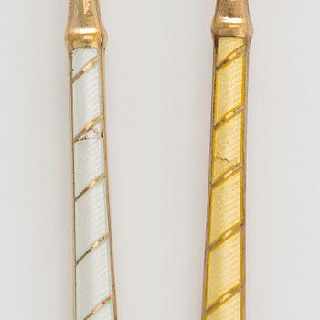 Gafflar, 6 st, förgyllt silver och emalj, E Lauritsen, Danmark 1900-talets mitt.