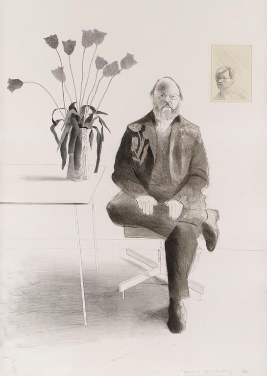David Hockney, "Henry seated with tulips".