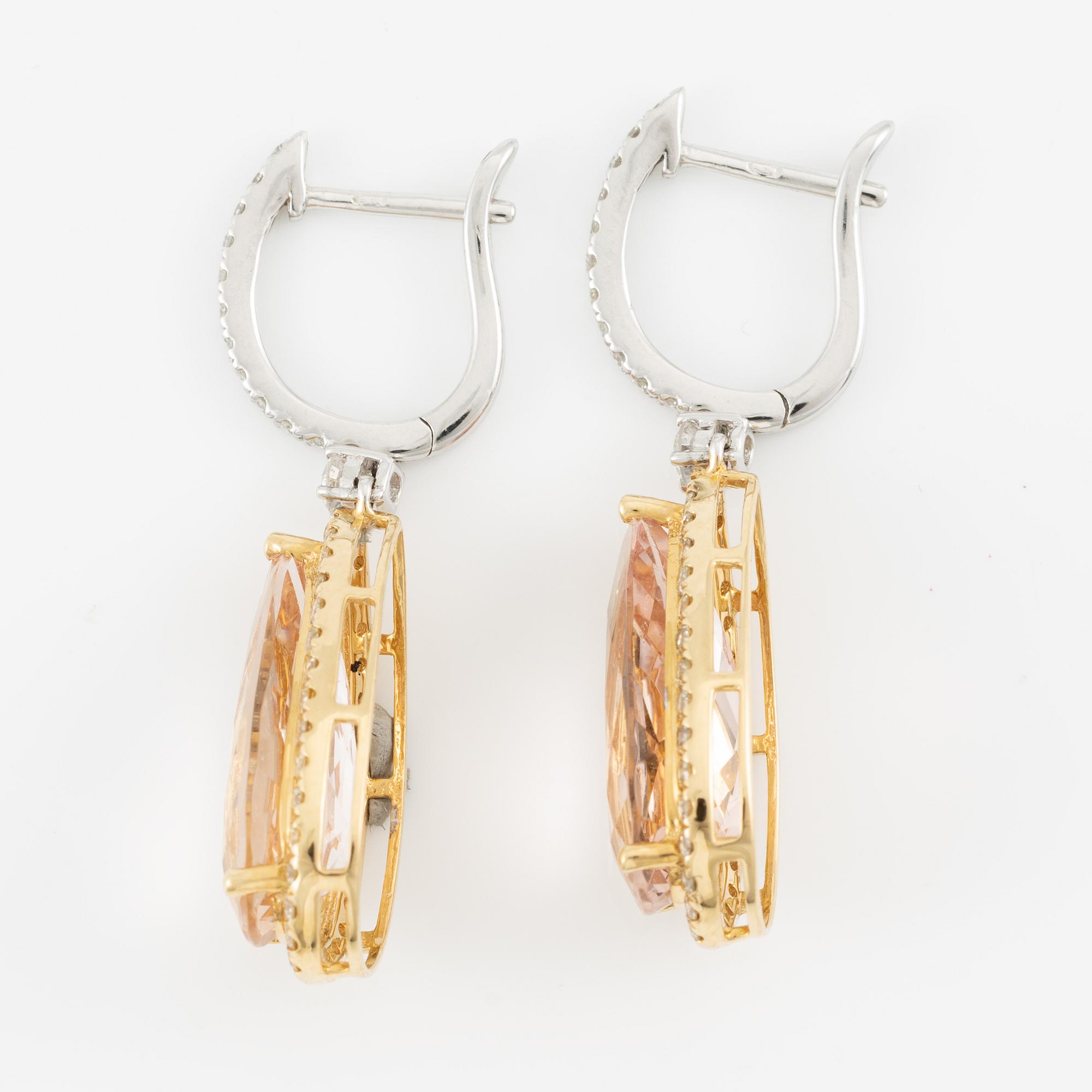 Earrings with drop-shaped morganites and brilliant-cut diamonds.
