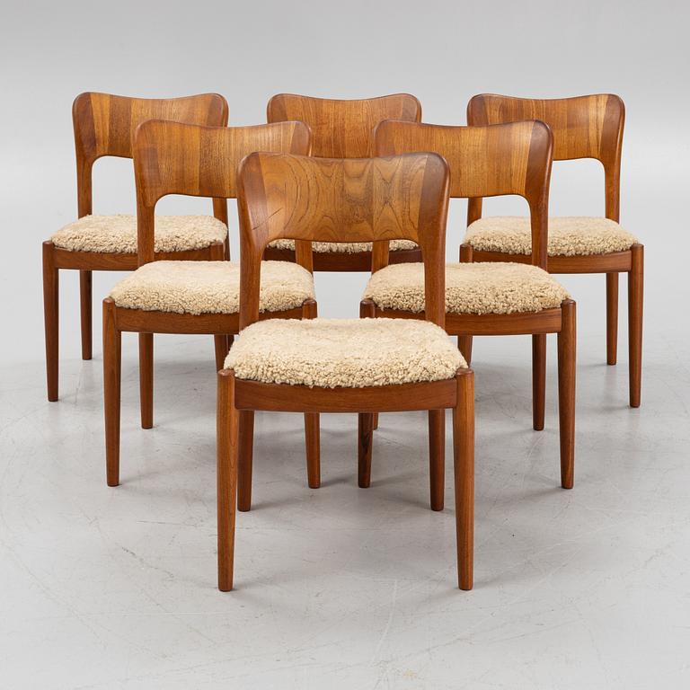 Niels Koefoed, a set of six teak dining chairs upholstered in new sheepskin, Denmark, 1960's.