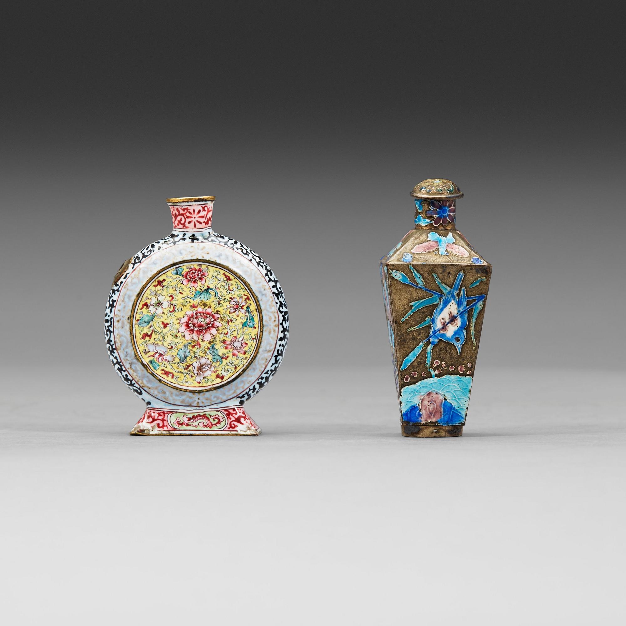 An enamel on copper and and enamel on silver snuff bottle, Qing dynasty, (1644-1912).