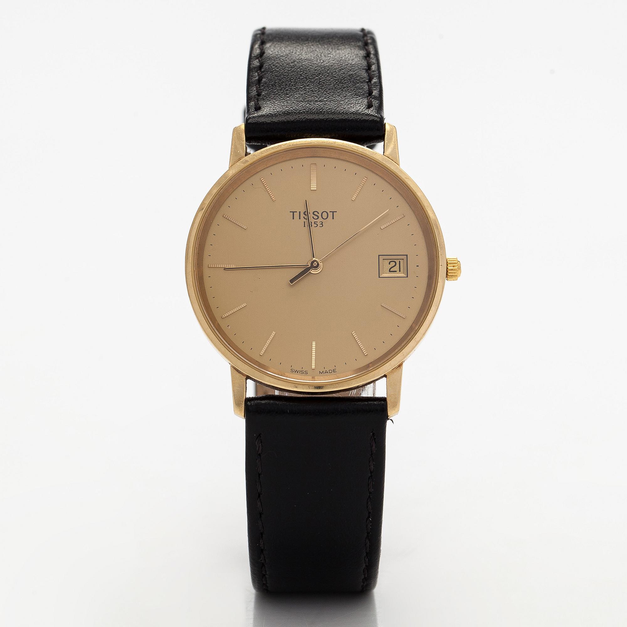 Tissot, wristwatch, 33.5 mm, 14K gold, quartz, sapphire crystal.