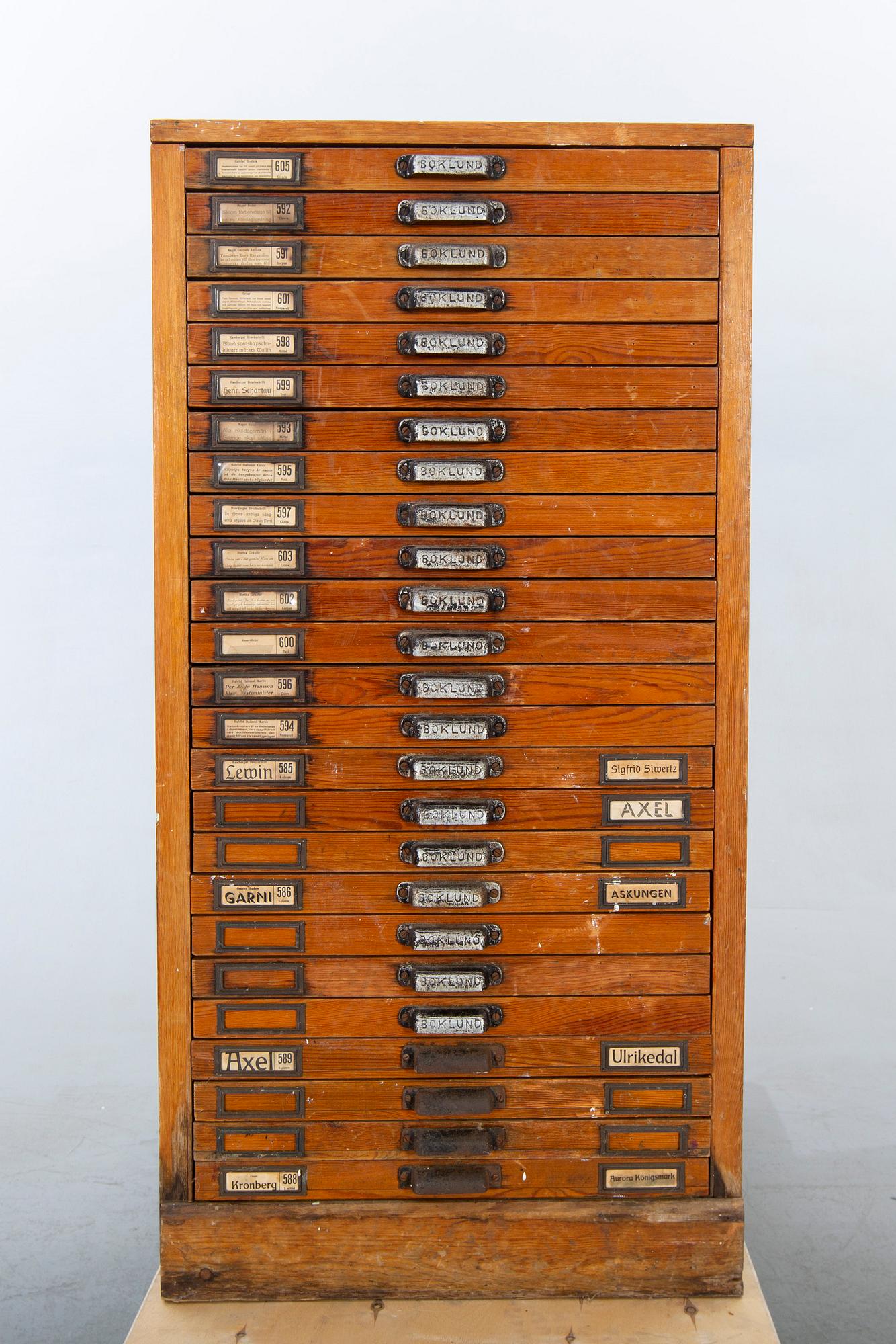 Arkivskåp för typsnitt, "Boklund" omkring 1900.
