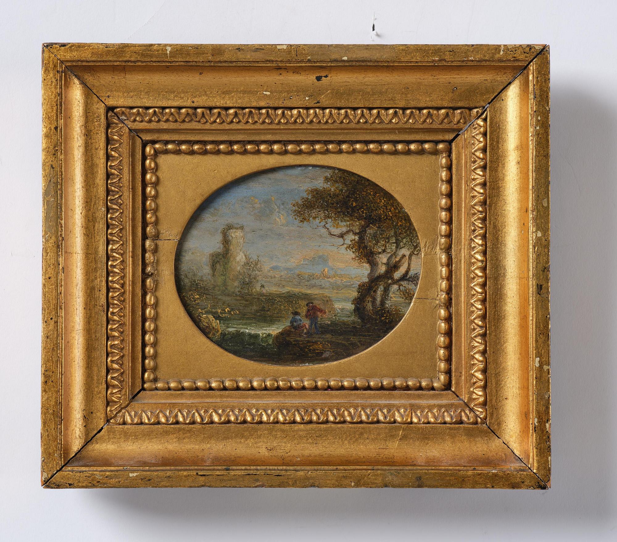 Jan de Momper ("Monsu X"), Italienskt flodlandskap med figurer och kastell.