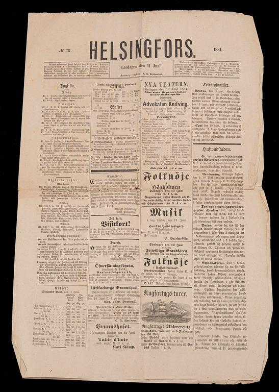 TIDNINGAR, 8 st, Hufvudstadsbladet, Helsingfors Tidningar m.fl. Helsingfors 1829-1881.