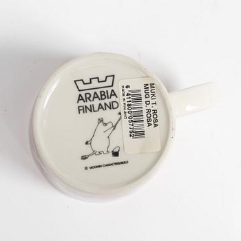A Moomin mug, 'Dark rosa' with sticker, Arabia, Finland, 1991-99.