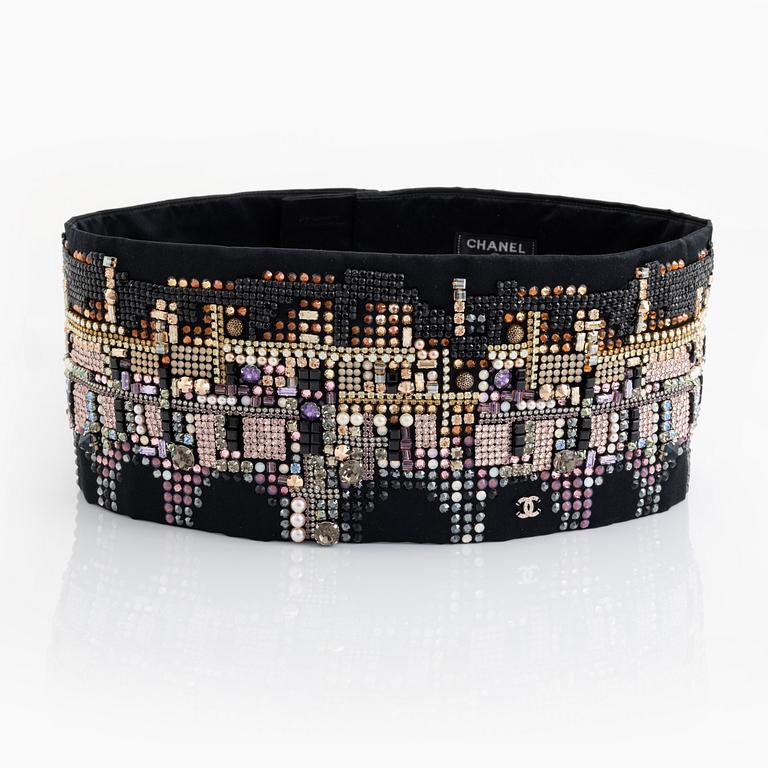 Chanel, a black silk and multicolour rhinestone belt, size 34.