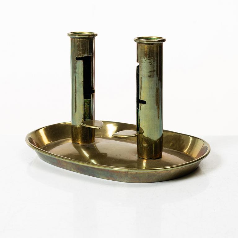 Candelabra, 4 pcs, and a chamberstick for two candles, brass, 19th century.
