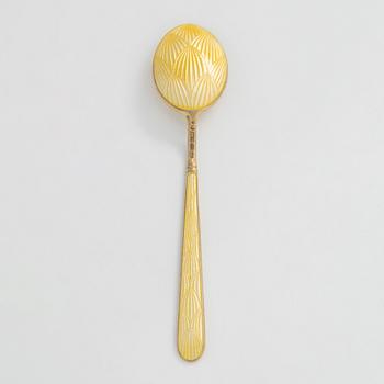 Sugar bowl and spoon, silver and enamel, the bowl by Anita Sarlin. Tillander, Helsinki, 1950.